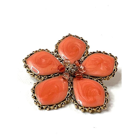 Large Vintage Flower Brooch Pearlized Coral Swirl Gold Tone Frame 2 3/16" - Picture 6 of 10